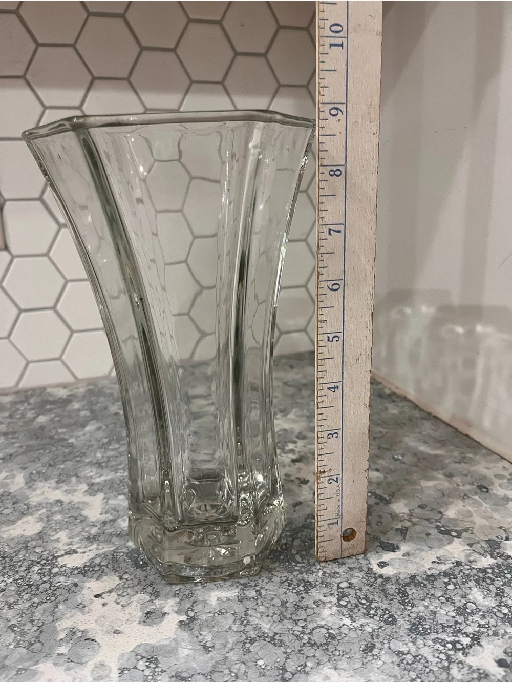 Vintage Indiana Hoosier Glass #4040 is flared at top, hex paneled body 9” tall.